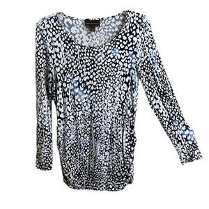 Dana Buchman Blouse Size L Blue Black White Long Sleeve Ruched Sides Stretch